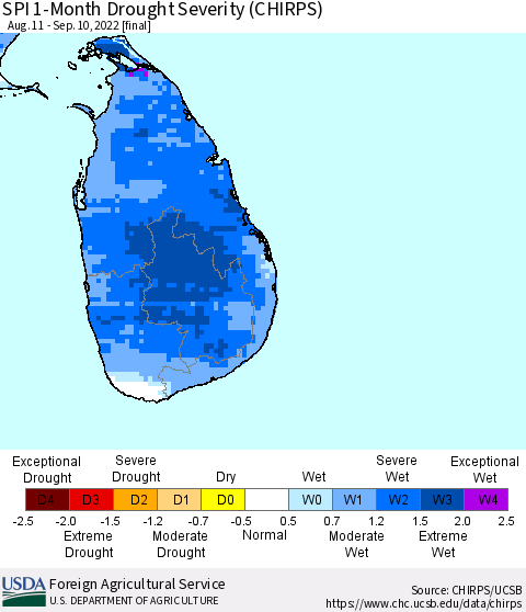 Sri Lanka SPI 1-Month Drought Severity (CHIRPS) Thematic Map For 8/11/2022 - 9/10/2022