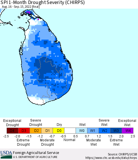 Sri Lanka SPI 1-Month Drought Severity (CHIRPS) Thematic Map For 8/16/2022 - 9/15/2022