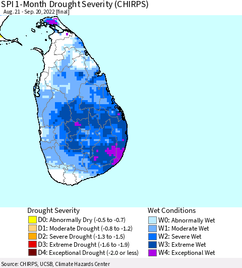 Sri Lanka SPI 1-Month Drought Severity (CHIRPS) Thematic Map For 8/21/2022 - 9/20/2022