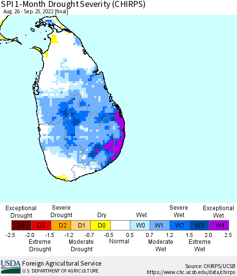 Sri Lanka SPI 1-Month Drought Severity (CHIRPS) Thematic Map For 8/26/2022 - 9/25/2022