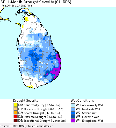 Sri Lanka SPI 1-Month Drought Severity (CHIRPS) Thematic Map For 8/26/2022 - 9/25/2022