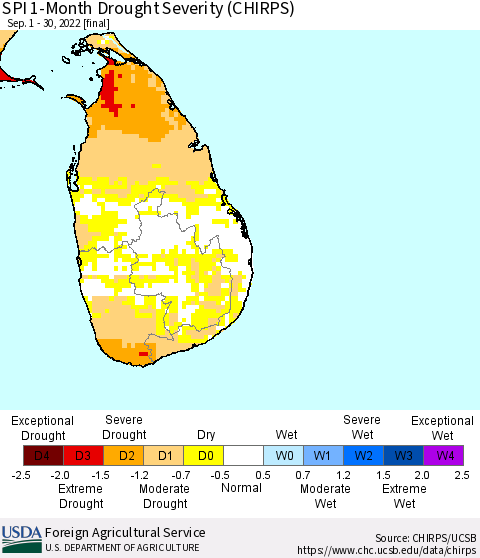 Sri Lanka SPI 1-Month Drought Severity (CHIRPS) Thematic Map For 9/1/2022 - 9/30/2022