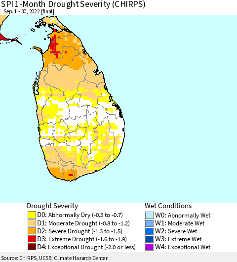 Sri Lanka SPI 1-Month Drought Severity (CHIRPS) Thematic Map For 9/1/2022 - 9/30/2022