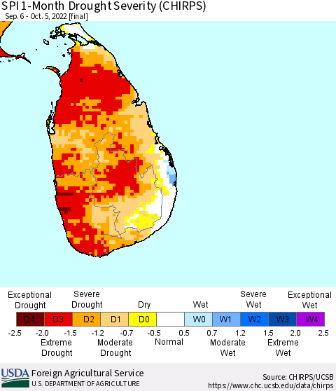 Sri Lanka SPI 1-Month Drought Severity (CHIRPS) Thematic Map For 9/6/2022 - 10/5/2022