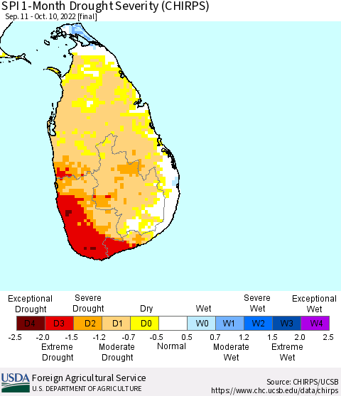 Sri Lanka SPI 1-Month Drought Severity (CHIRPS) Thematic Map For 9/11/2022 - 10/10/2022