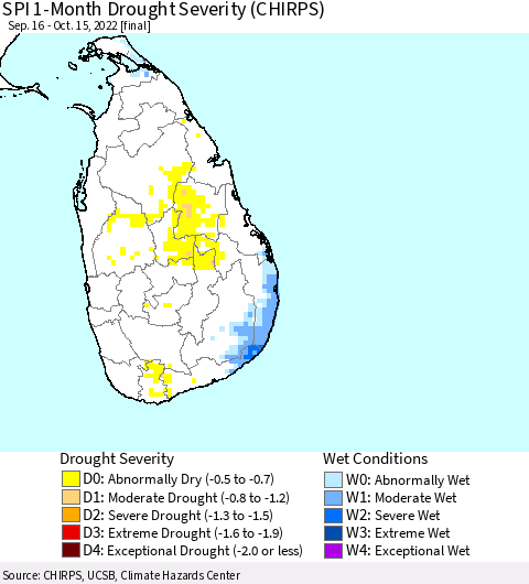 Sri Lanka SPI 1-Month Drought Severity (CHIRPS) Thematic Map For 9/16/2022 - 10/15/2022