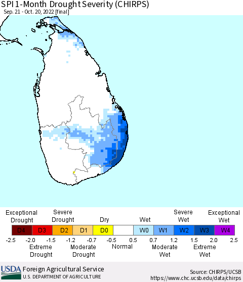 Sri Lanka SPI 1-Month Drought Severity (CHIRPS) Thematic Map For 9/21/2022 - 10/20/2022