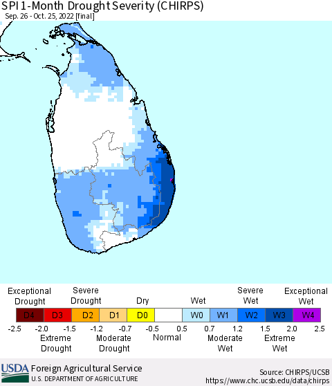 Sri Lanka SPI 1-Month Drought Severity (CHIRPS) Thematic Map For 9/26/2022 - 10/25/2022