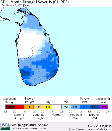 Sri Lanka SPI 1-Month Drought Severity (CHIRPS) Thematic Map For 10/6/2022 - 11/5/2022