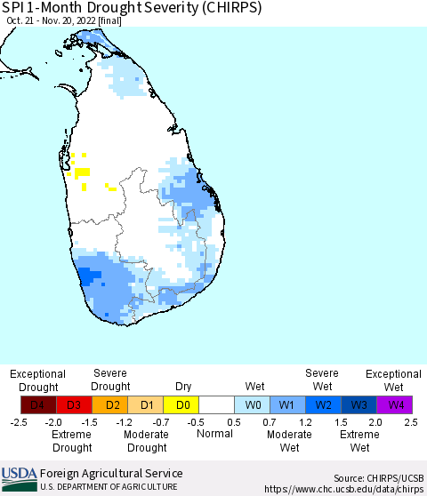 Sri Lanka SPI 1-Month Drought Severity (CHIRPS) Thematic Map For 10/21/2022 - 11/20/2022