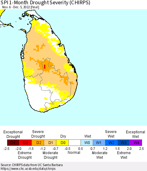 Sri Lanka SPI 1-Month Drought Severity (CHIRPS) Thematic Map For 11/6/2022 - 12/5/2022