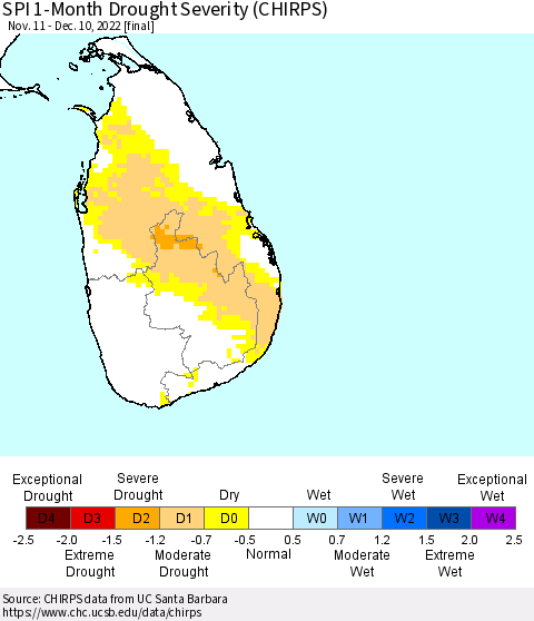 Sri Lanka SPI 1-Month Drought Severity (CHIRPS) Thematic Map For 11/11/2022 - 12/10/2022