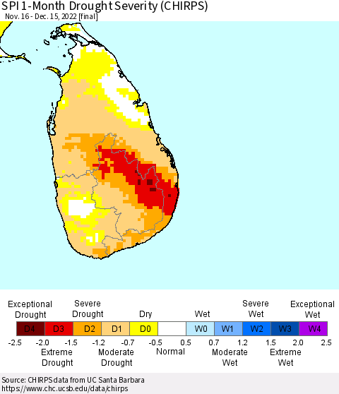 Sri Lanka SPI 1-Month Drought Severity (CHIRPS) Thematic Map For 11/16/2022 - 12/15/2022