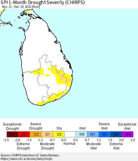 Sri Lanka SPI 1-Month Drought Severity (CHIRPS) Thematic Map For 11/21/2022 - 12/20/2022