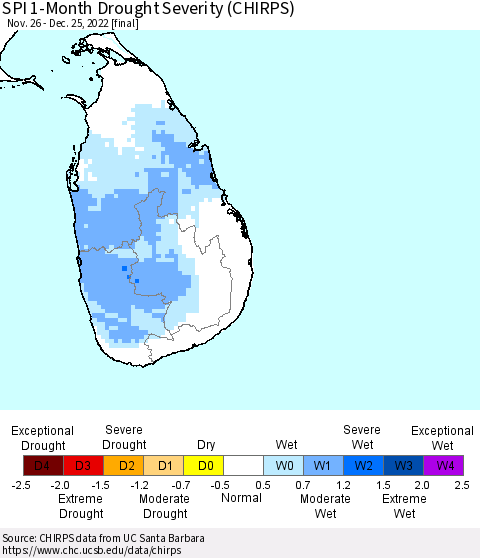 Sri Lanka SPI 1-Month Drought Severity (CHIRPS) Thematic Map For 11/26/2022 - 12/25/2022