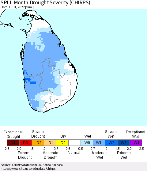 Sri Lanka SPI 1-Month Drought Severity (CHIRPS) Thematic Map For 12/1/2022 - 12/31/2022