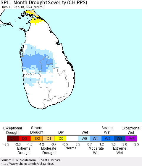 Sri Lanka SPI 1-Month Drought Severity (CHIRPS) Thematic Map For 12/11/2022 - 1/10/2023