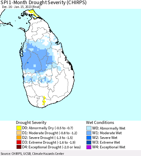 Sri Lanka SPI 1-Month Drought Severity (CHIRPS) Thematic Map For 12/16/2022 - 1/15/2023