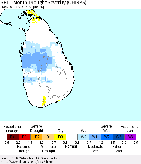 Sri Lanka SPI 1-Month Drought Severity (CHIRPS) Thematic Map For 12/16/2022 - 1/15/2023