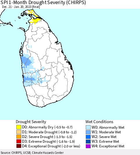 Sri Lanka SPI 1-Month Drought Severity (CHIRPS) Thematic Map For 12/21/2022 - 1/20/2023