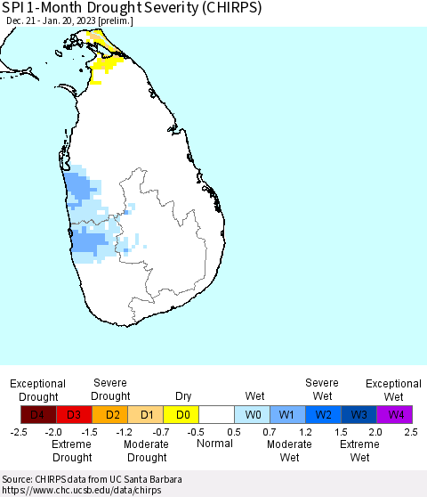Sri Lanka SPI 1-Month Drought Severity (CHIRPS) Thematic Map For 12/21/2022 - 1/20/2023
