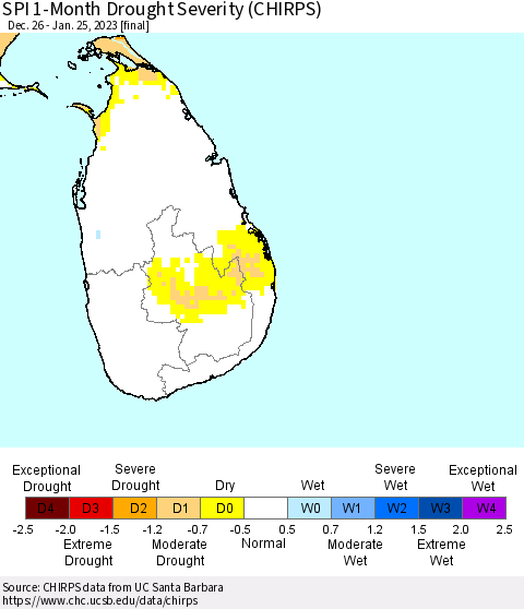 Sri Lanka SPI 1-Month Drought Severity (CHIRPS) Thematic Map For 12/26/2022 - 1/25/2023