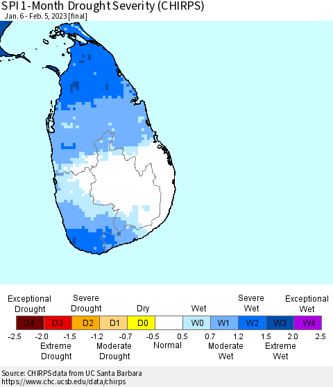 Sri Lanka SPI 1-Month Drought Severity (CHIRPS) Thematic Map For 1/6/2023 - 2/5/2023
