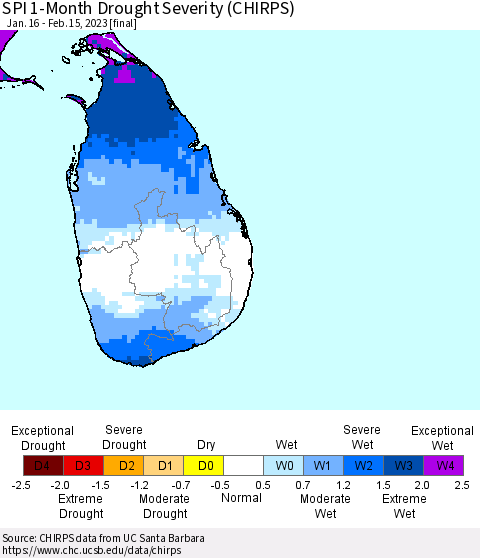Sri Lanka SPI 1-Month Drought Severity (CHIRPS) Thematic Map For 1/16/2023 - 2/15/2023