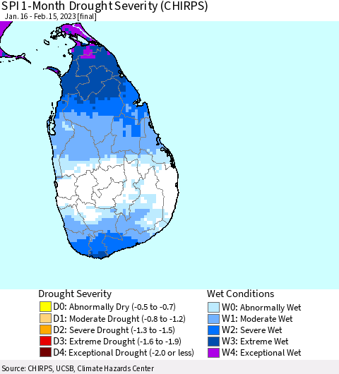 Sri Lanka SPI 1-Month Drought Severity (CHIRPS) Thematic Map For 1/16/2023 - 2/15/2023