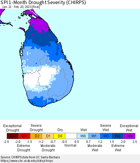 Sri Lanka SPI 1-Month Drought Severity (CHIRPS) Thematic Map For 1/21/2023 - 2/20/2023