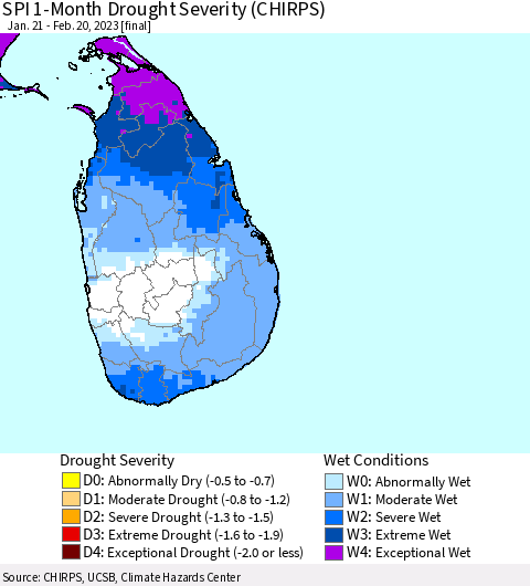 Sri Lanka SPI 1-Month Drought Severity (CHIRPS) Thematic Map For 1/21/2023 - 2/20/2023