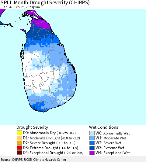 Sri Lanka SPI 1-Month Drought Severity (CHIRPS) Thematic Map For 1/26/2023 - 2/25/2023