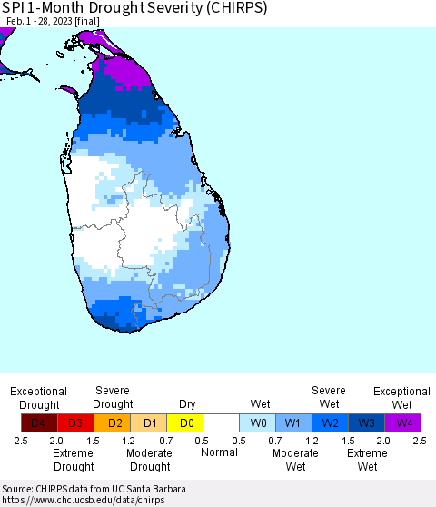 Sri Lanka SPI 1-Month Drought Severity (CHIRPS) Thematic Map For 2/1/2023 - 2/28/2023