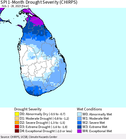 Sri Lanka SPI 1-Month Drought Severity (CHIRPS) Thematic Map For 2/1/2023 - 2/28/2023