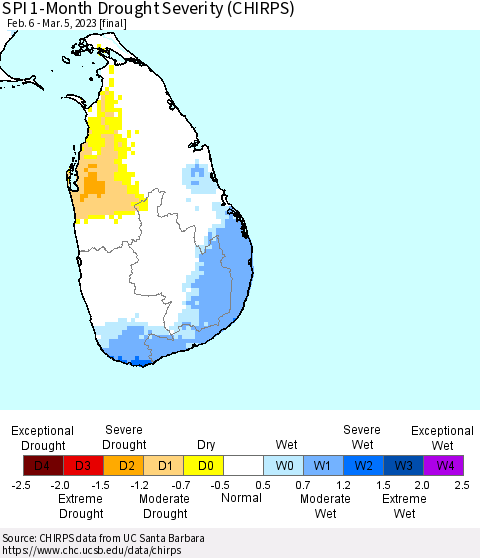 Sri Lanka SPI 1-Month Drought Severity (CHIRPS) Thematic Map For 2/6/2023 - 3/5/2023