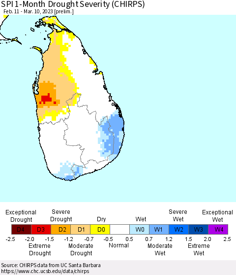 Sri Lanka SPI 1-Month Drought Severity (CHIRPS) Thematic Map For 2/11/2023 - 3/10/2023