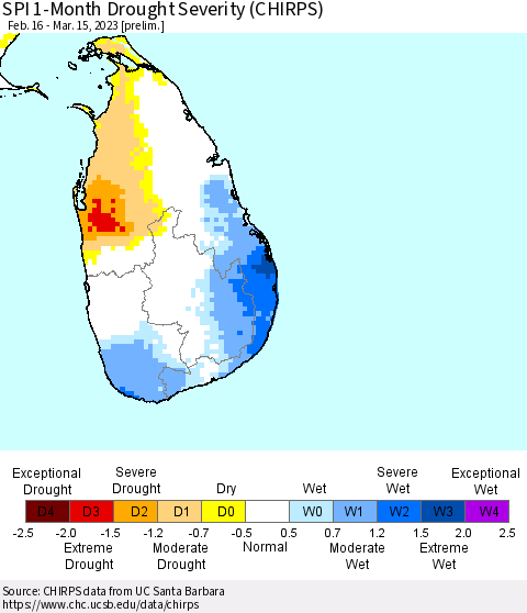 Sri Lanka SPI 1-Month Drought Severity (CHIRPS) Thematic Map For 2/16/2023 - 3/15/2023