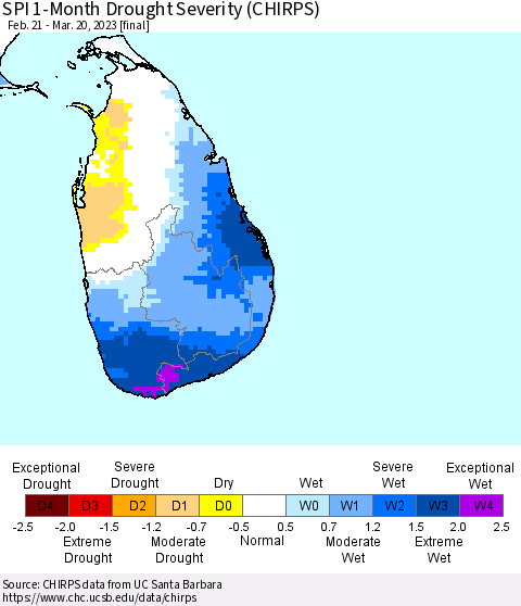 Sri Lanka SPI 1-Month Drought Severity (CHIRPS) Thematic Map For 2/21/2023 - 3/20/2023