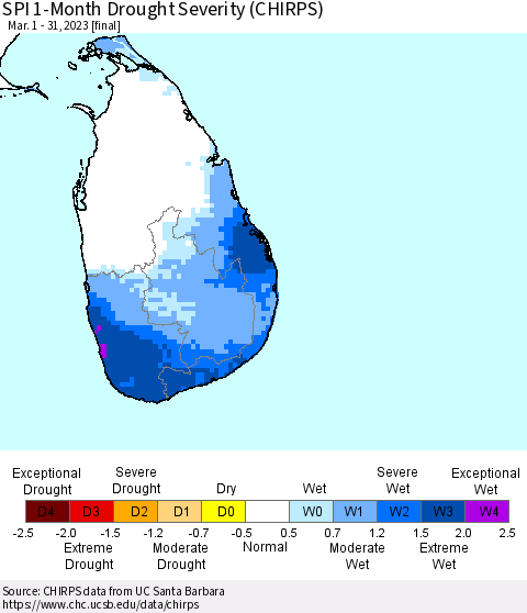 Sri Lanka SPI 1-Month Drought Severity (CHIRPS) Thematic Map For 3/1/2023 - 3/31/2023