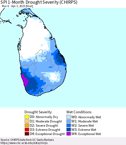Sri Lanka SPI 1-Month Drought Severity (CHIRPS) Thematic Map For 3/6/2023 - 4/5/2023