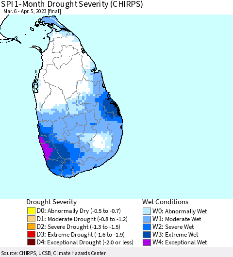 Sri Lanka SPI 1-Month Drought Severity (CHIRPS) Thematic Map For 3/6/2023 - 4/5/2023