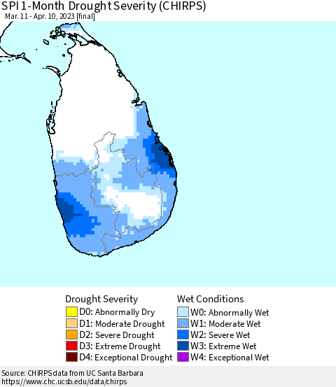 Sri Lanka SPI 1-Month Drought Severity (CHIRPS) Thematic Map For 3/11/2023 - 4/10/2023