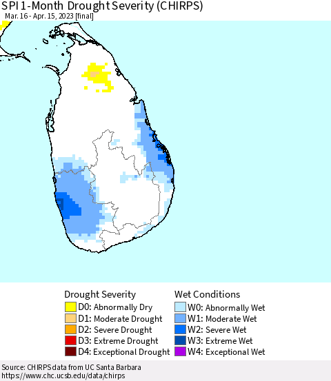 Sri Lanka SPI 1-Month Drought Severity (CHIRPS) Thematic Map For 3/16/2023 - 4/15/2023