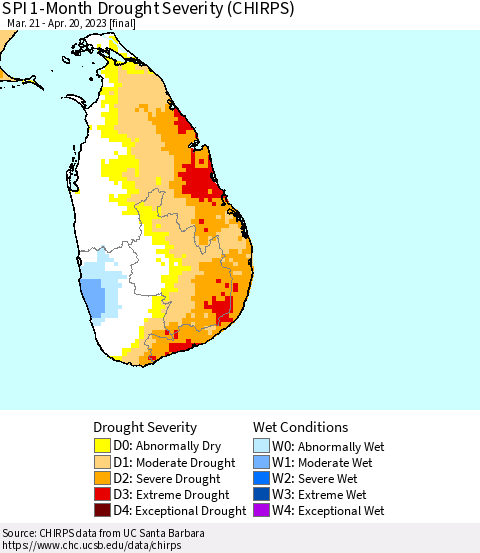 Sri Lanka SPI 1-Month Drought Severity (CHIRPS) Thematic Map For 3/21/2023 - 4/20/2023
