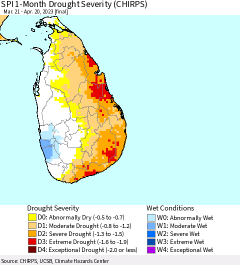 Sri Lanka SPI 1-Month Drought Severity (CHIRPS) Thematic Map For 3/21/2023 - 4/20/2023