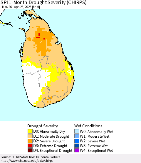 Sri Lanka SPI 1-Month Drought Severity (CHIRPS) Thematic Map For 3/26/2023 - 4/25/2023