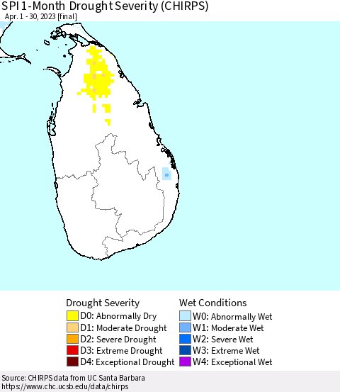 Sri Lanka SPI 1-Month Drought Severity (CHIRPS) Thematic Map For 4/1/2023 - 4/30/2023