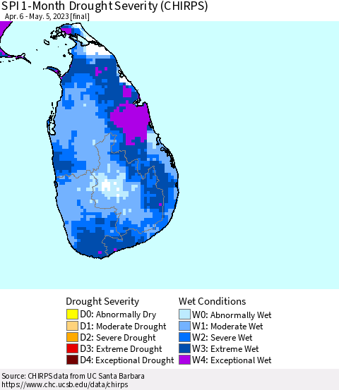 Sri Lanka SPI 1-Month Drought Severity (CHIRPS) Thematic Map For 4/6/2023 - 5/5/2023