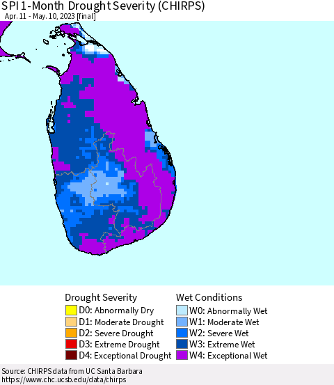 Sri Lanka SPI 1-Month Drought Severity (CHIRPS) Thematic Map For 4/11/2023 - 5/10/2023