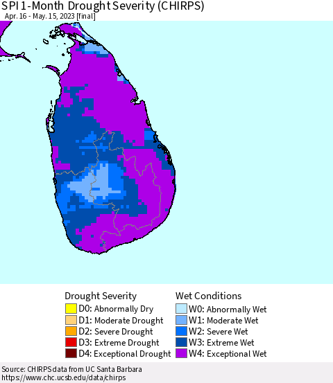 Sri Lanka SPI 1-Month Drought Severity (CHIRPS) Thematic Map For 4/16/2023 - 5/15/2023